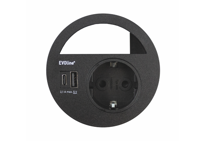 EVOline Circle80 er et nytt smart produkt som gir deg enkel tilgang til stikkontakt, to USB­-ladere (en med hurtiglading) og plass til nettverk (eller annen kabel) i en og samme boks.